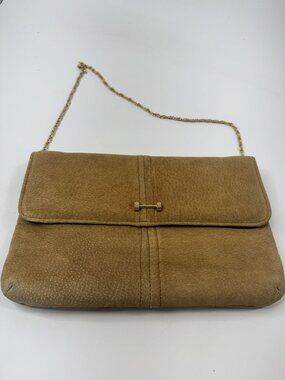 Vintage Tan Suede Clutch With Gold Chain Strap Snap Closure & Inner Zipper Pocke